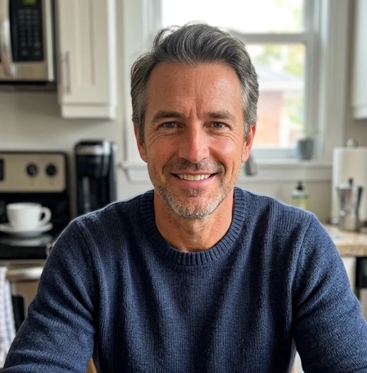 A mature man standing in a kitchen, from the product listing photography