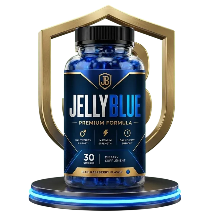 A Jellyblue bottle on the sales page shield graphic
