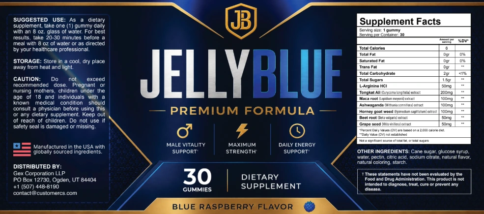 Jellyblue label wrap with the Supplement Facts panel